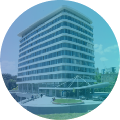 Modern office building with rounded glass façade under blue sky, representing Turkey - Istanbul HQ